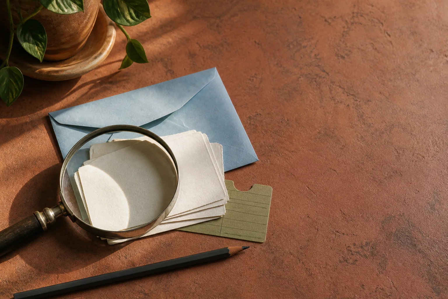 Lupa, papeles en blanco y sobre azul sobre una mesa de terracota